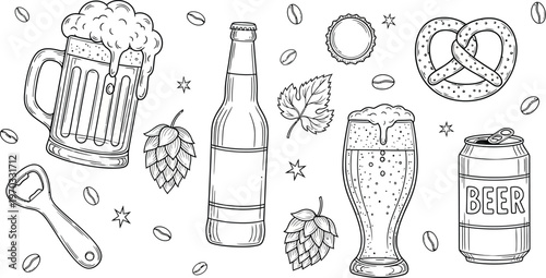 A collection of hand-drawn elements related to beer, including a mug, bottle, and pretzel.