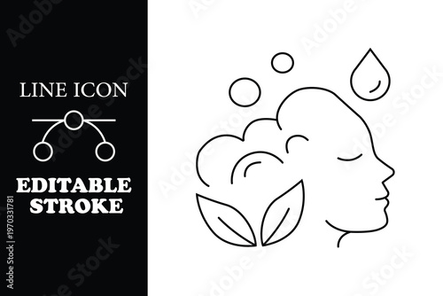 Black line of woman's face with leaves and water droplets line editable stroke profile