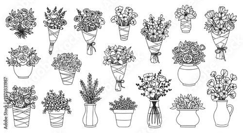 Konstfotografi Floral Botanical Hand Drawn Illustration Set of Various Flower Bouquets in Vases