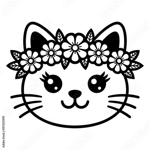 Cute Cat with Floral Headband Vector Illustration