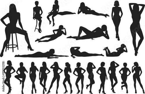 Human silhouette illustration, diverse poses including standing, sitting, reclining, stool seating, dynamic gestures, lifestyle theme, vector art, black silhouettes, isolated, bold striking design