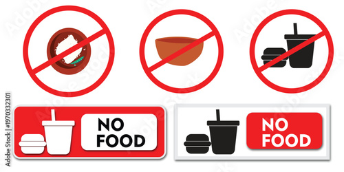 Food Prohibition and Healthy Eating Icons Set with No Food Signs and Catering Labels