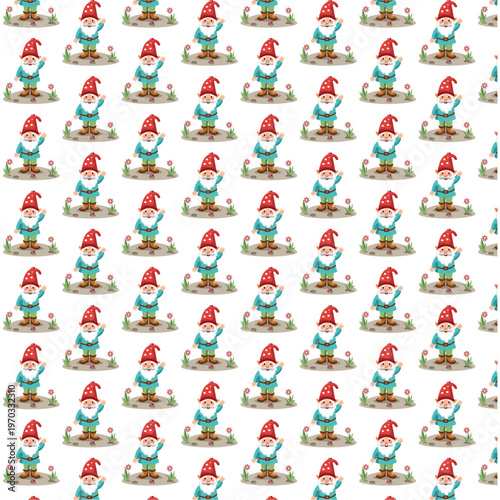 Magical fairy tale gnome elf characters on flower meadow seamless pattern