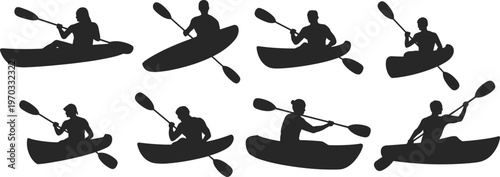 Kayaking silhouette illustration, eight paddlers in dynamic poses with double-bladed paddles, water sport theme, vector art, black silhouettes, isolated, bold, striking, adventurous design
