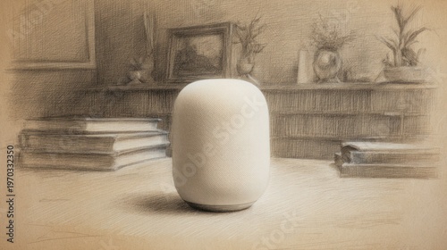 Artistic pencil sketch of a sleek, white device on a wooden table, with classic interior decor