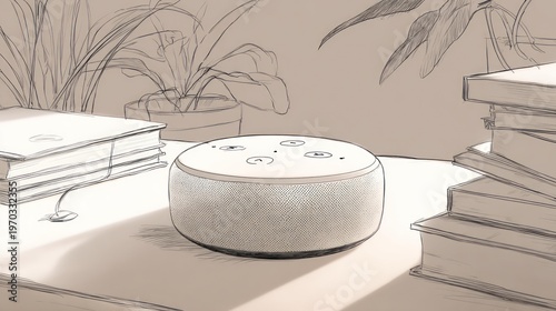 A sketch of a smart device atop a desk, flanked by books and verdant plants, in sepia tones