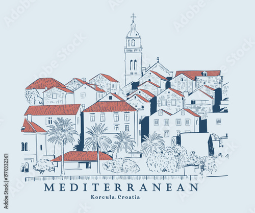 Korcula town Croatia vector art, Croatia travel hand drawn vector illustration, Mediterranean city vacation vector art, Summer beach holidays artwork for t shirt, poster, wall art, graphic print