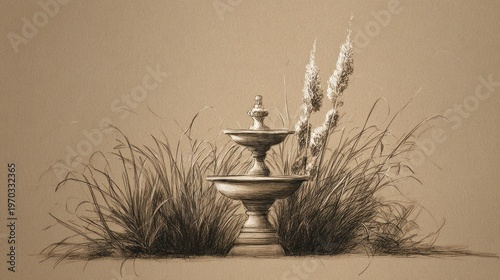 Elegant sepia-toned illustration of a tiered fountain surrounded by lush grass and decorative plumes