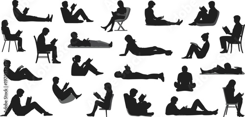 Reading silhouette illustration, diverse human figures in seated and reclined poses with books, cross-