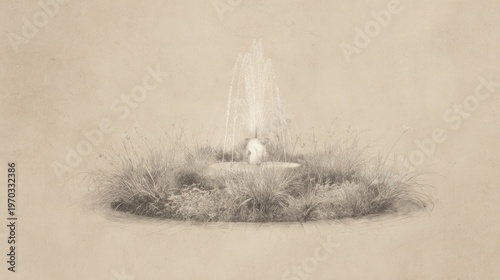 A pencil drawing presents a stylized fountain, with streams of water arching upwards