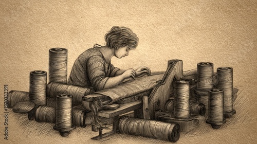 A young figure meticulously works at a wooden loom surrounded by spools of thread