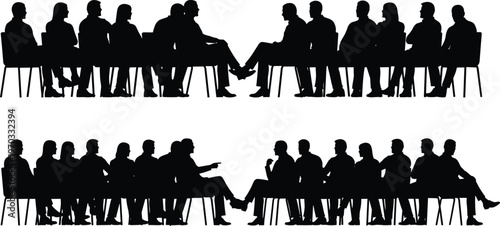 Black silhouette of people sitting in chairs during meeting or seminar isolated on white background for business conference, audience presentation, and vector illustration.
