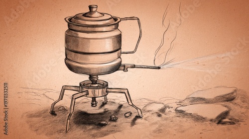 Illustration of vintage camping stove with pot emitting steam, sketch style