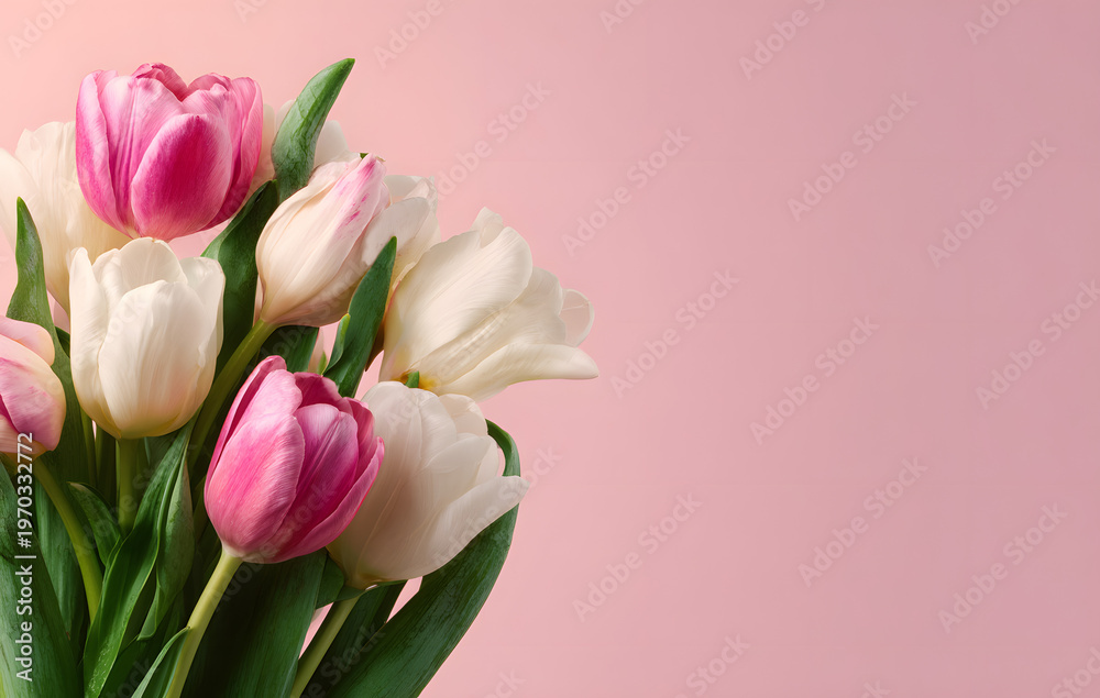 Fototapeta premium Beautiful bouquet of pink and white tulips on soft pink pastel background with space for text romantic floral greeting.