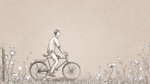 A person on a bicycle sketched on paper, flowers in the grass