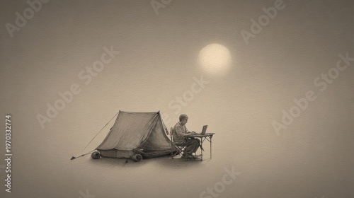A person works on a laptop outside a tent beneath a hazy sun in a sepia-toned landscape