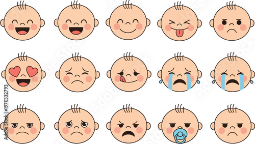 Baby faces express a range of diverse emotions for communication and understanding.