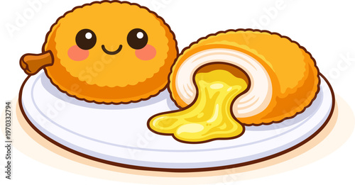 Cute kawaii chicken Kiev cutlet in flat vector style, smiling food character with melted butter filling, crispy breaded meat on plate, simple shapes and soft colors, isolated on white background