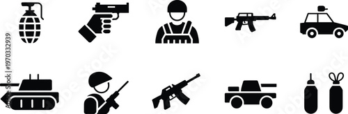 Set of Military and Warfare Icons Featuring Soldiers Weapons Tanks Grenades and Armored Vehicles Isolated on White Background for Defense Security and Combat Vector Graphics.