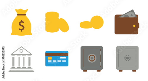Financial icons money bag coins wallet bank credit card and safes