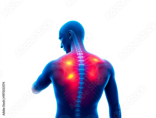 A medical illustration of a man's back showing the spine and areas of pain or inflammation.
