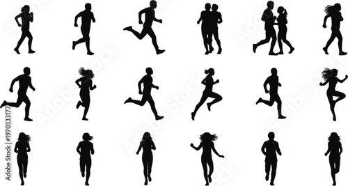 Running People Silhouettes Set Featuring Male and Female Joggers and Sprinters in Action Poses for Fitness Marathon and Sports Design Isolated Vector on White