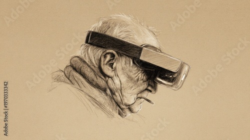 Monochrome portrait of an elderly man wearing a futuristic head-mounted display, looking pensive