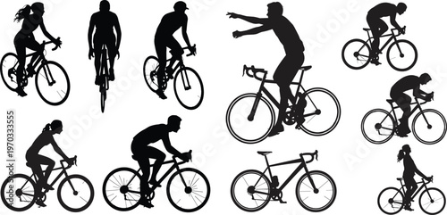 Silhouette collection of cyclists in various riding positions and bicycle design, dynamic artwork symbolizing sport, fitness, transportation, lifestyle, and outdoor activity