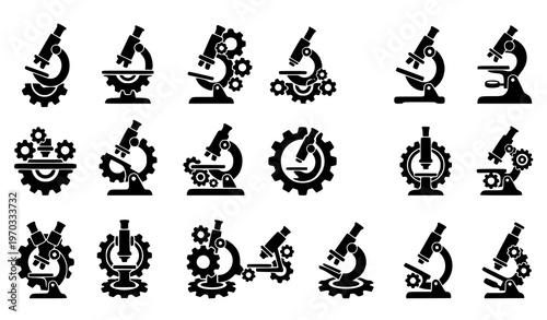 Microscope with gears silhouette icon set for science research and technology isolated on white background