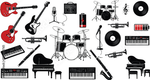 Complete Music Instruments and Audio Gear Icons Set with Guitars, Drums, Microphone, Keyboard, Vinyl, and Audio Equipment for Performance, Recording, and Music Production