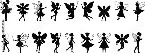 Silhouette collection of whimsical fairies with wings, wands, and magical poses, fantasy artwork symbolizing enchantment, elegance, storytelling, imagination, and decorative design