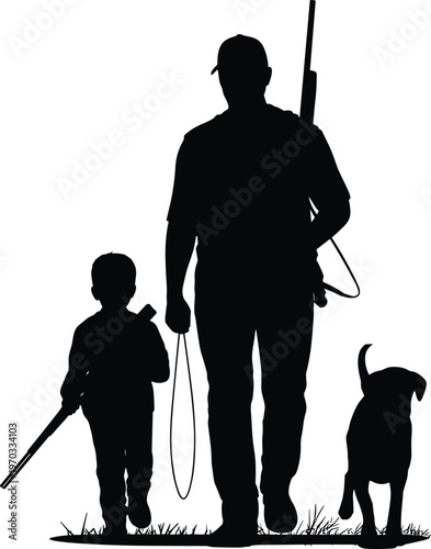 Silhouette illustration of adult, child, and dog walking outdoors with rifles, symbolizing hunting tradition, family bond, companionship, and outdoor lifestyle activity.