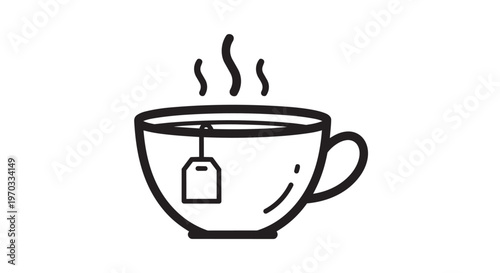 Steaming Tea Cup, Hot Beverage Icon, Black Line Art, Minimalist Vector Illustration