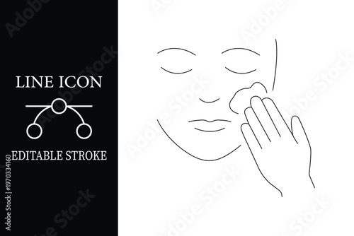 Woman applying cream to cheek line editable stroke face hand