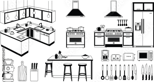 Black and White Kitchen Interior Line Art Set Featuring Modern Appliances Cookware Utensils Cabinets Island Furniture and Cooking Tools for Design