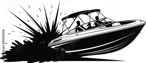 Black and White Vector Illustration of a Fast Speedboat Splashing Through Water with Passengers Isolated on a White Background