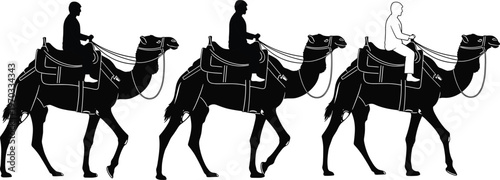 Black Camel Caravan Silhouette Set with People Riding Dromedary in Desert Safari Travel Theme and Middle East Culture Vector Illustration