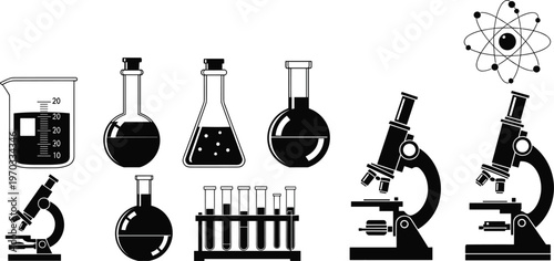 Laboratory Equipment and Scientific Research Icons Set with Beakers, Flasks, Test Tubes, Microscopes, and Atomic Structure for Chemistry, Biology, and Laboratory Work