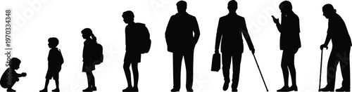 Silhouette illustration of human life stages from childhood to old age, symbolizing growth, aging, education, career, technology, and generational progression.