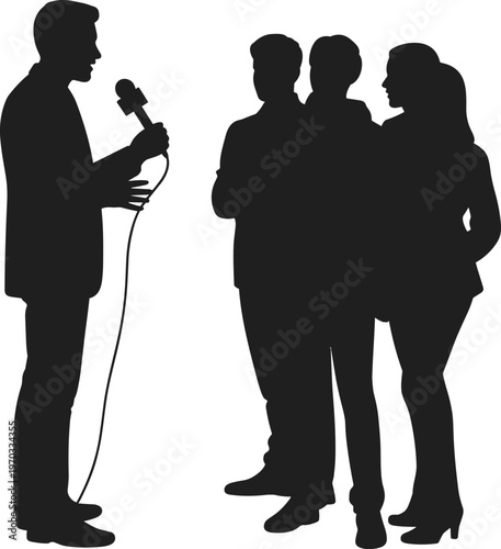 Silhouette illustration of journalist interviewing group of people, symbolizing communication, media, public opinion, reporting, and press conference themes in modern journalism and broadcasting.