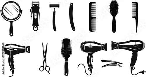 Black Silhouette Vector Set of Hairdressing Tools Including Hair Dryers Scissors Combs Brushes and Razors Isolated on Plain White Background