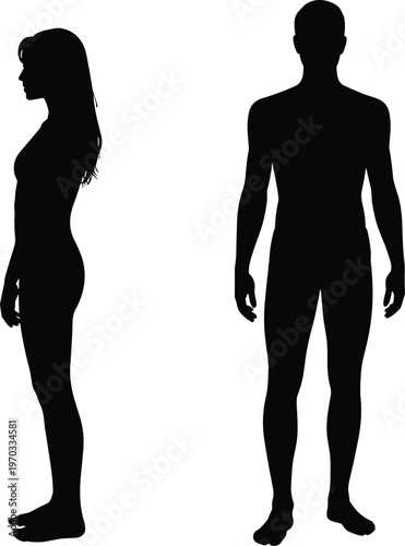 Silhouette illustration of two human figures, male and female, highlighting differences in body shape, posture, anatomy, and gender representation for health and fitness concepts.