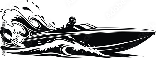 Black Speedboat Silhouette Vector Illustration with Racing Driver and High Speed Water Splash Waves for Extreme Powerboat Sports Graphic Design