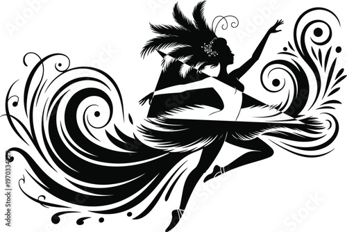Silhouette of elegant dancer in feathered headdress with flowing costume and swirling decorative elements, dynamic pose symbolizing motion, culture, performance, art, and graceful movement