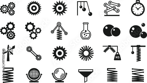 Mechanical and Scientific Icons Set with Gears, Springs, Pendulum, Windmill, Globe, and Laboratory Equipment for Engineering, Physics, and Research Themes