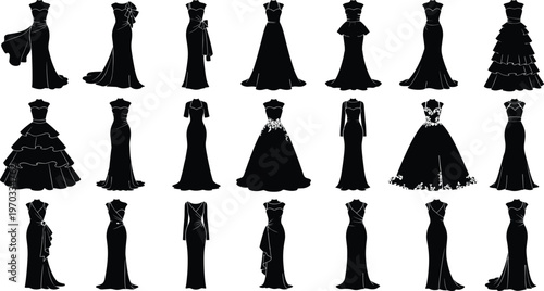 Collection of black silhouette vector icons featuring various elegant evening gowns, wedding dresses, and formal bridal party fashion styles, isolated