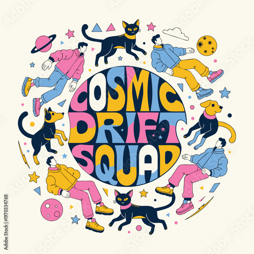 Cyberpunk Space Typography “Cosmic Drift Squad” with Glowing Streetwear Figures and Alien Cats & Dogs