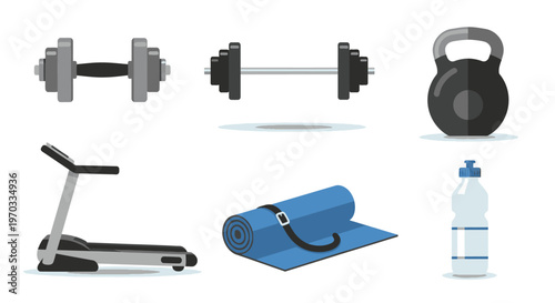 Fitness equipment set dumbbells kettlebell treadmill yoga mat and water bottle