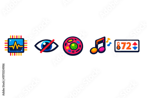 A set of five colorful vector icons on a white background featuring a