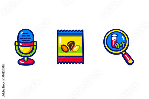 Three colorful cartoon icons featuring a vintage microphone, a bag of